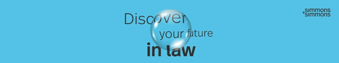 Promotional banner with the text "Discover your future in law" alongside the Simmons & Simmons Graduates logo on a blue background.